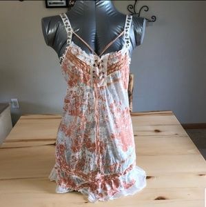 Women's Peach and White Lace-Up Tank Top